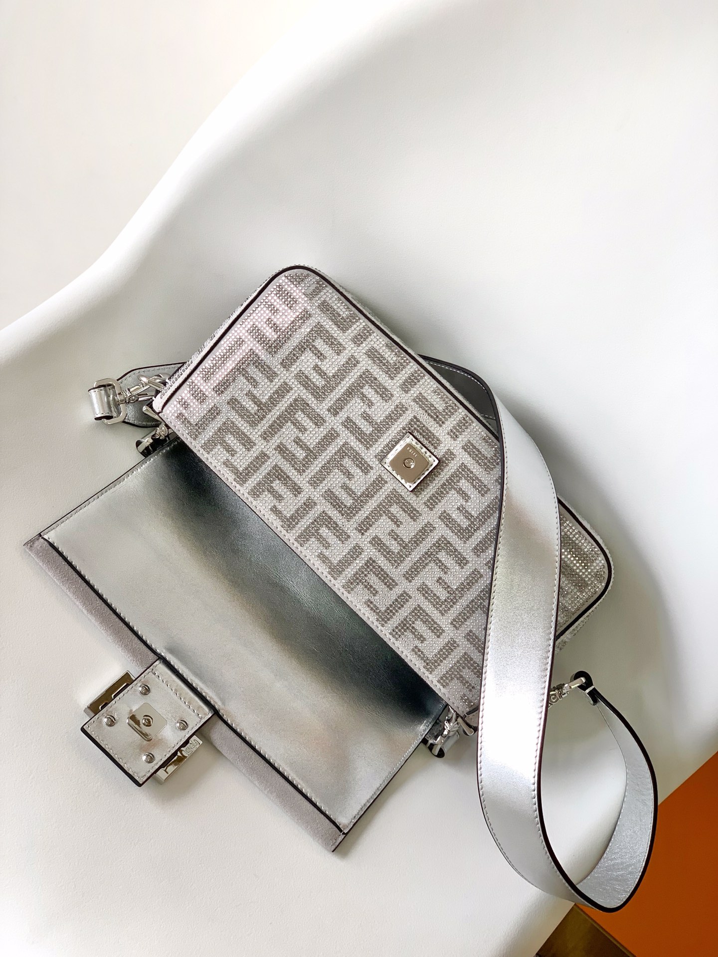 Fendi Medium Baguette FF Chenille Shoulder Bag Silver